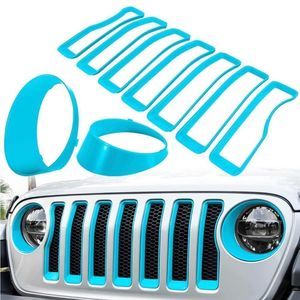 Front Grille Mesh Inserts & Headlight Covers-Jeep Wrangler 2018-2023 light blue